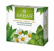 Чай в пакетиках Akbar зеленый с натуральными добавками ромашки и мяты, 100 пак.*2 гр