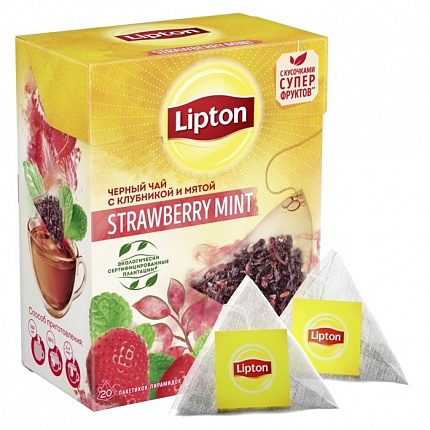 Чай в пакетиках Lipton Пирамидки Strawberry Mint (черный чай со вкусом клубники), 20 пак.*1,8 гр